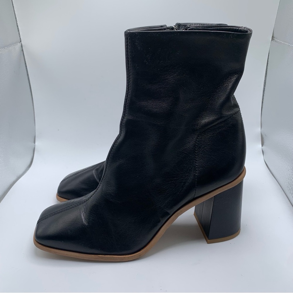 Free People Sienna Ankle Boot black leather heel square toe size 37 6-6.5 1516 - Picture 1 of 10